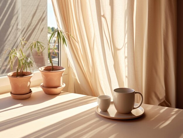 Una taza de café y plantas en maceta en la mesa junto a la ventana una ventana con una luz brillante que brilla a través de ella IA generativa