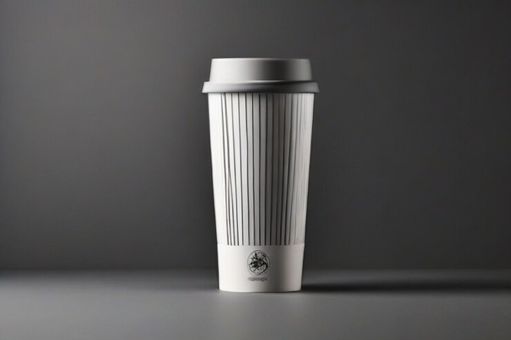 Taza de café de plástico alta con un diseño de embalaje de primera calidad con colores blanco y negro