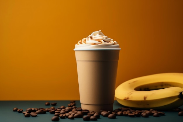 Una taza de café de plátano mezclado sobre un fondo amarillo liso