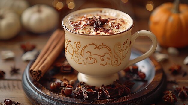 una taza de café con un platillo de chocolate y palitos de canela en él