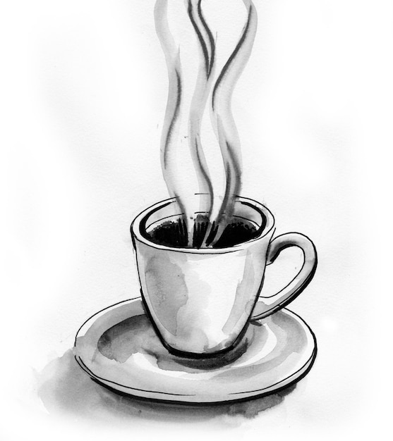 Taza de café en platillo. Dibujo a tinta y acuarela