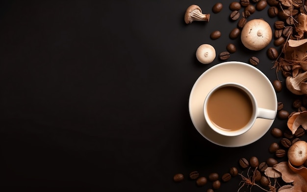 Una taza de café con un platillo y granos de café sobre un fondo negro