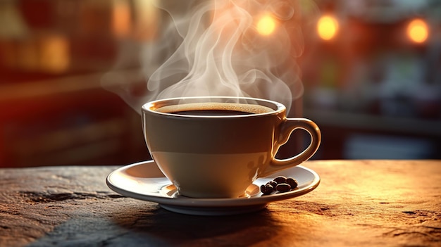 Una taza de café con platillo y granos de café sobre una mesa.
