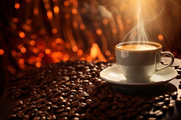 una taza de café en un platillo con humo