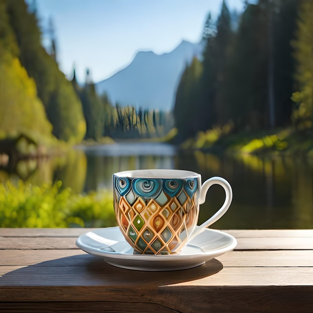 una taza de café y un platillo con un lago al fondo.