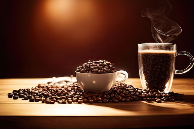 Taza de café y platillo en una mesa Con fondo oscuro