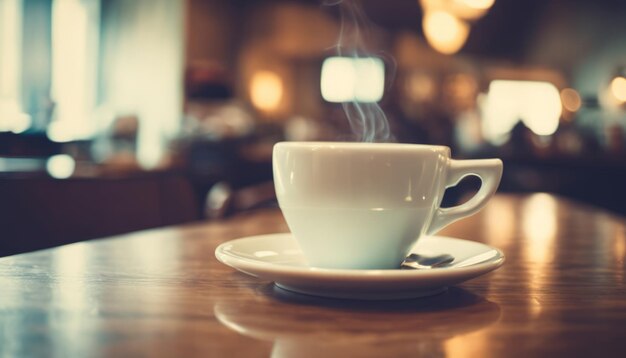 Una taza de café en un platillo en una mesa de madera