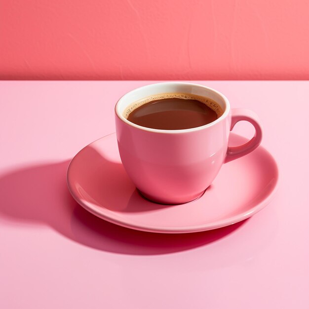 Foto una taza de café en un platillo en una mesa rosa