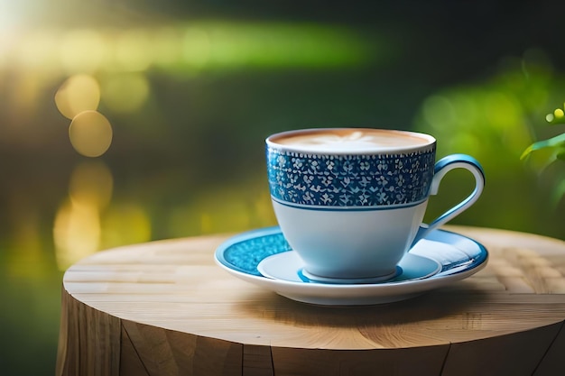 Una taza de café en un platillo con las palabras "gratuito" en el lado.