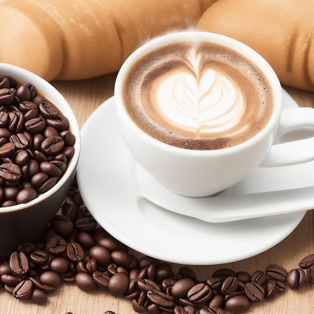 Una taza de café en un platillo rodeado de granos de café.