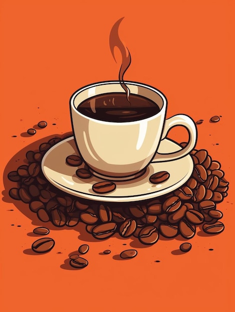 una taza de café en un platillo rodeado de granos de café