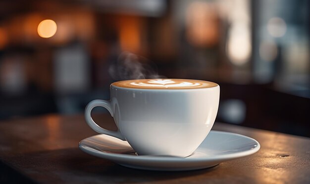 Foto una taza de café en un platillo rodeado de luz cálida que invoca una acogedora atmósfera matinal