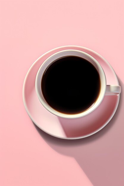 Taza de café en un platillo sobre un fondo rosado IA generativa