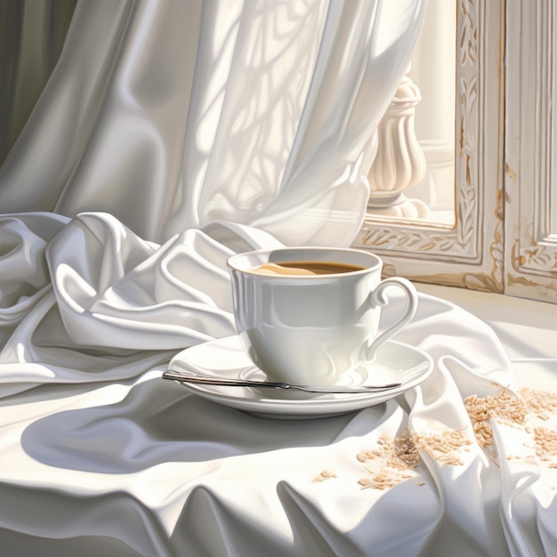 Taza de café en un platillo en una tela blanca IA generativa
