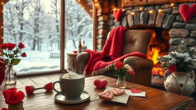 una taza de café y un platillo con una vela en forma de corazón en una mesa frente a una chimenea