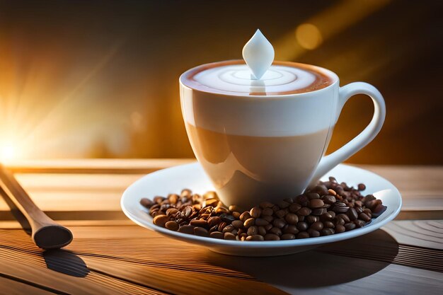 taza de café y platillo con una vela sobre una mesa