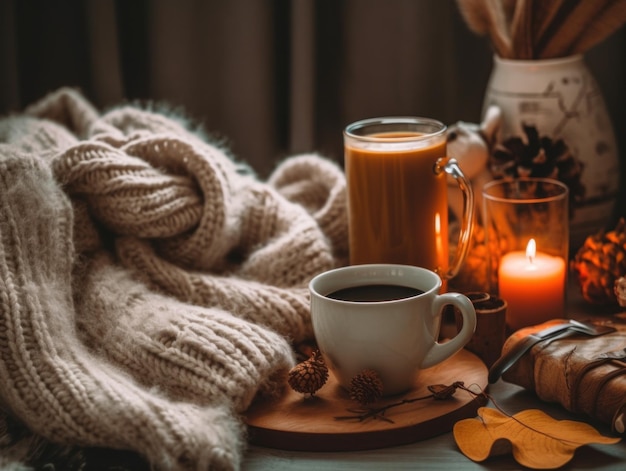 Una taza de café en un plato al lado de una vela generativa imagen ai