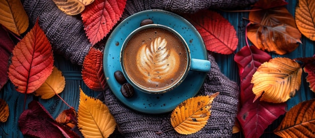 Una taza de café en un plato azul