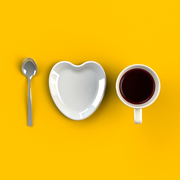 Taza de café con plato en forma de corazón