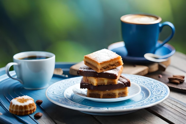 Una taza de café y un plato de galletas con una taza de cafe en la mesa.