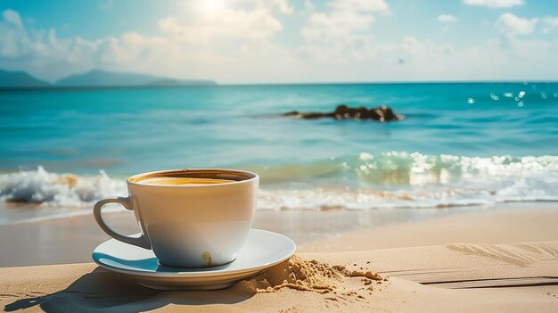 Foto una taza de café en un plato en la playa