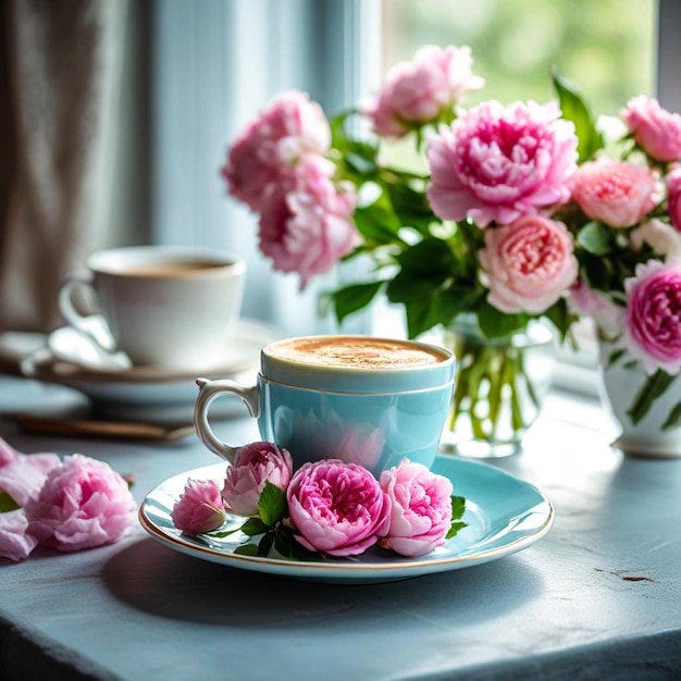 una taza de café y un plato de rosas rosas en una mesa