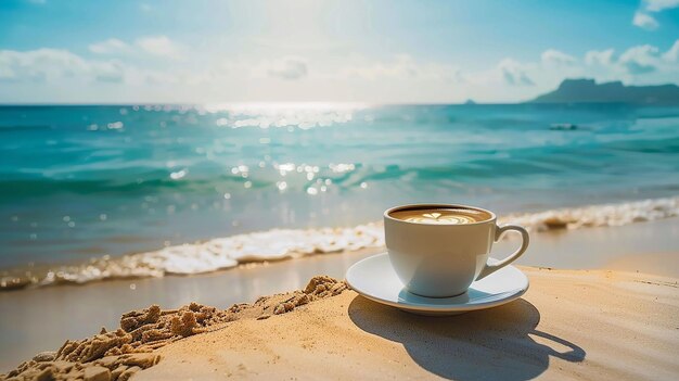 una taza de café en la playa con un plato de café