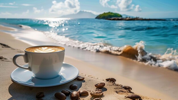 una taza de café en una playa con una vista al mar en el fondo