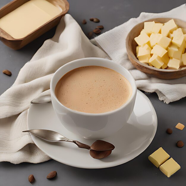 Foto una taza de café y un poco de queso y algunas nueces