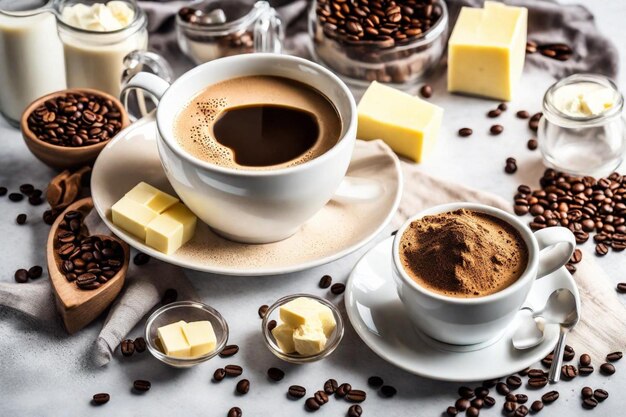 Foto una taza de café y un poco de queso y café