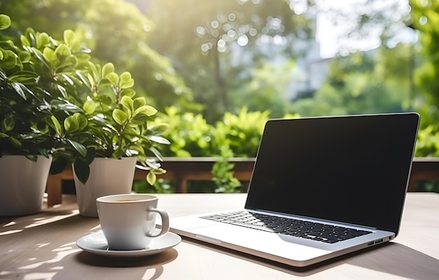 taza de café portátil y planta en concepto de trabajo de oficina de mesa de madera blanca