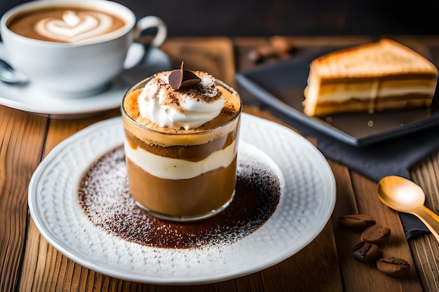 una taza de café con un postre en un plato a su lado