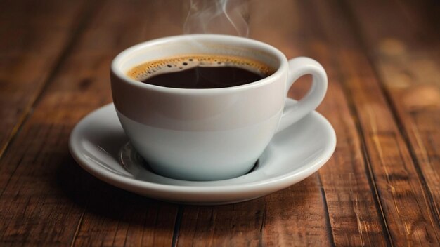 Una taza de café en un primer plano de una mesa de madera