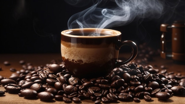 una taza de café puesta sobre granos de café vapor que sale de una taza de café