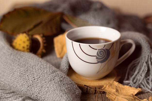 Taza de café y punto gris. Concepto de otoño