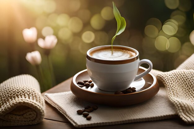 una taza de café con una ramita de brotes