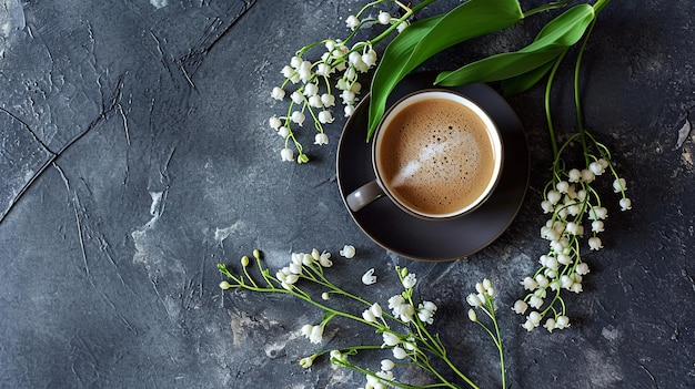 Una taza de café y un ramo de lirios en una mesa de piedra