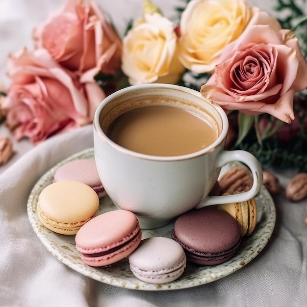 Una taza de café y un ramo de rosas.