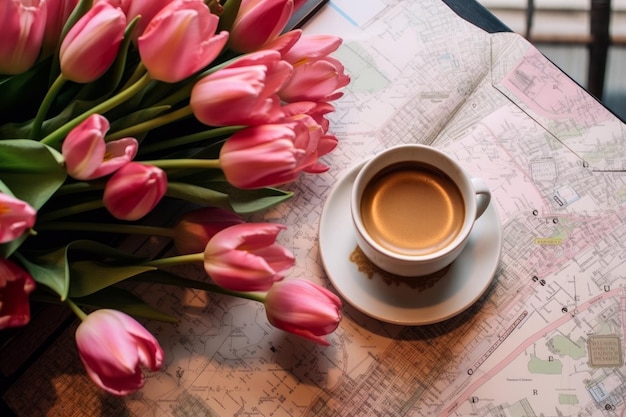 Una taza de café y un ramo de tulipanes rosas sobre una mesa con un mapa que dice tulipanes.