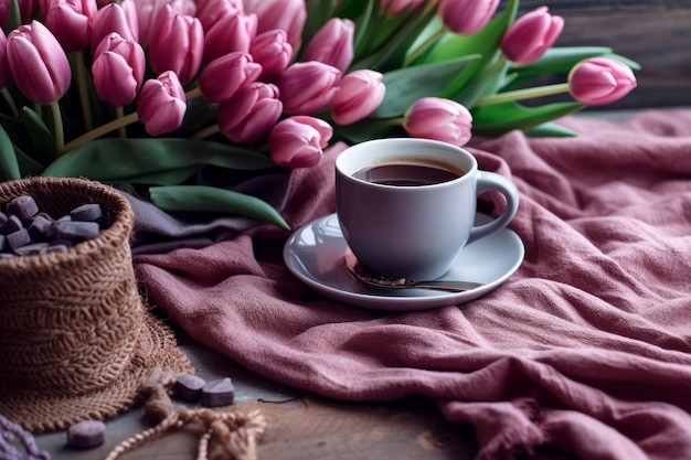 Una taza de café y un ramo de tulipanes.