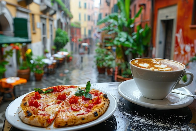 Foto una taza de café y una rebanada de pizza en una cafetería al aire libre en la calle de la ciudad vieja