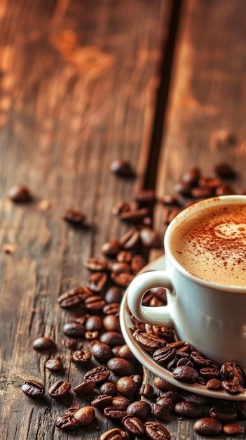 Taza de café recién elaborada cremosa arriba rodeada por una dispersión de granos de café tostados en un rústico