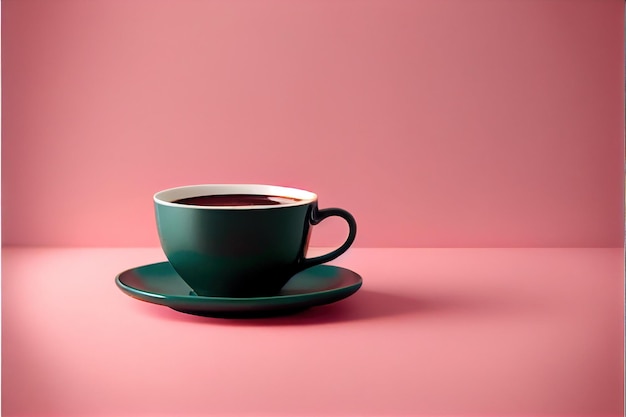 Una taza de café recién hecho sobre fondo rosa