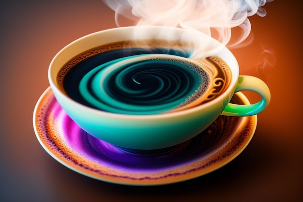 Una taza de café con un remolino azul en la parte inferior.