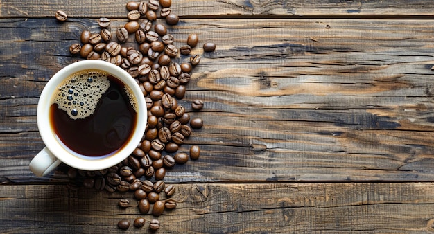 Una taza de café con un rico aroma rodeado de granos tostados