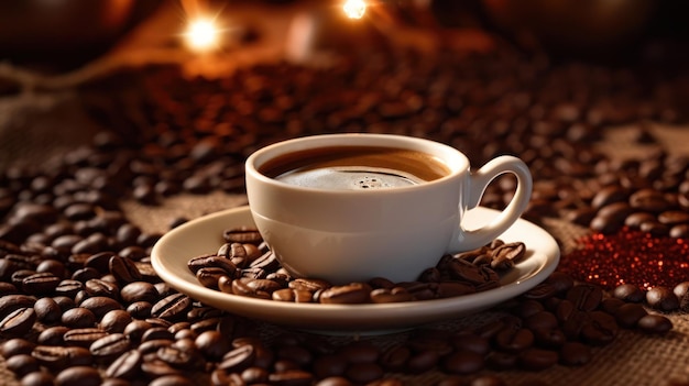 Una taza de café rodeada de granos de café.