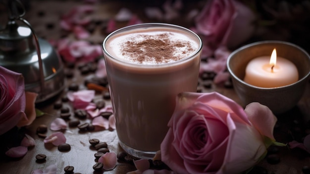 Una taza de café rodeada de rosas rosadas Imagen generativa de IA