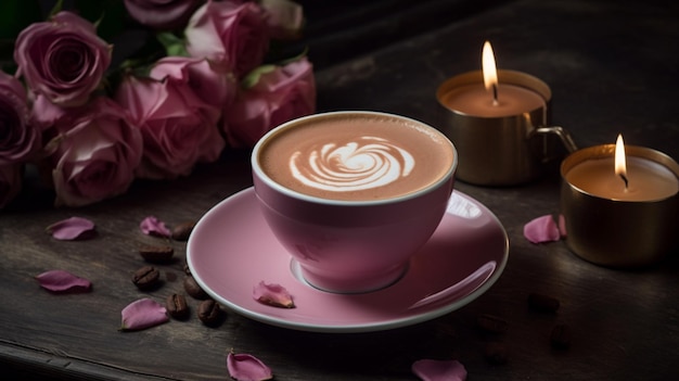 Una taza de café rodeada de rosas rosadas Imagen generativa de IA