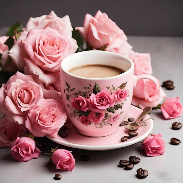 Taza de café rodeada de rosas rosadas