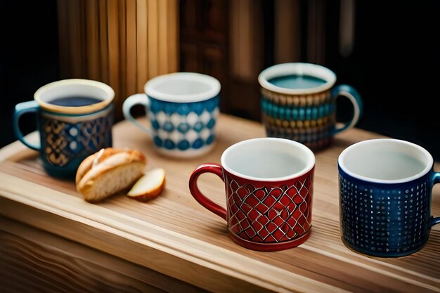 Una taza de café roja y azul con un diseño.